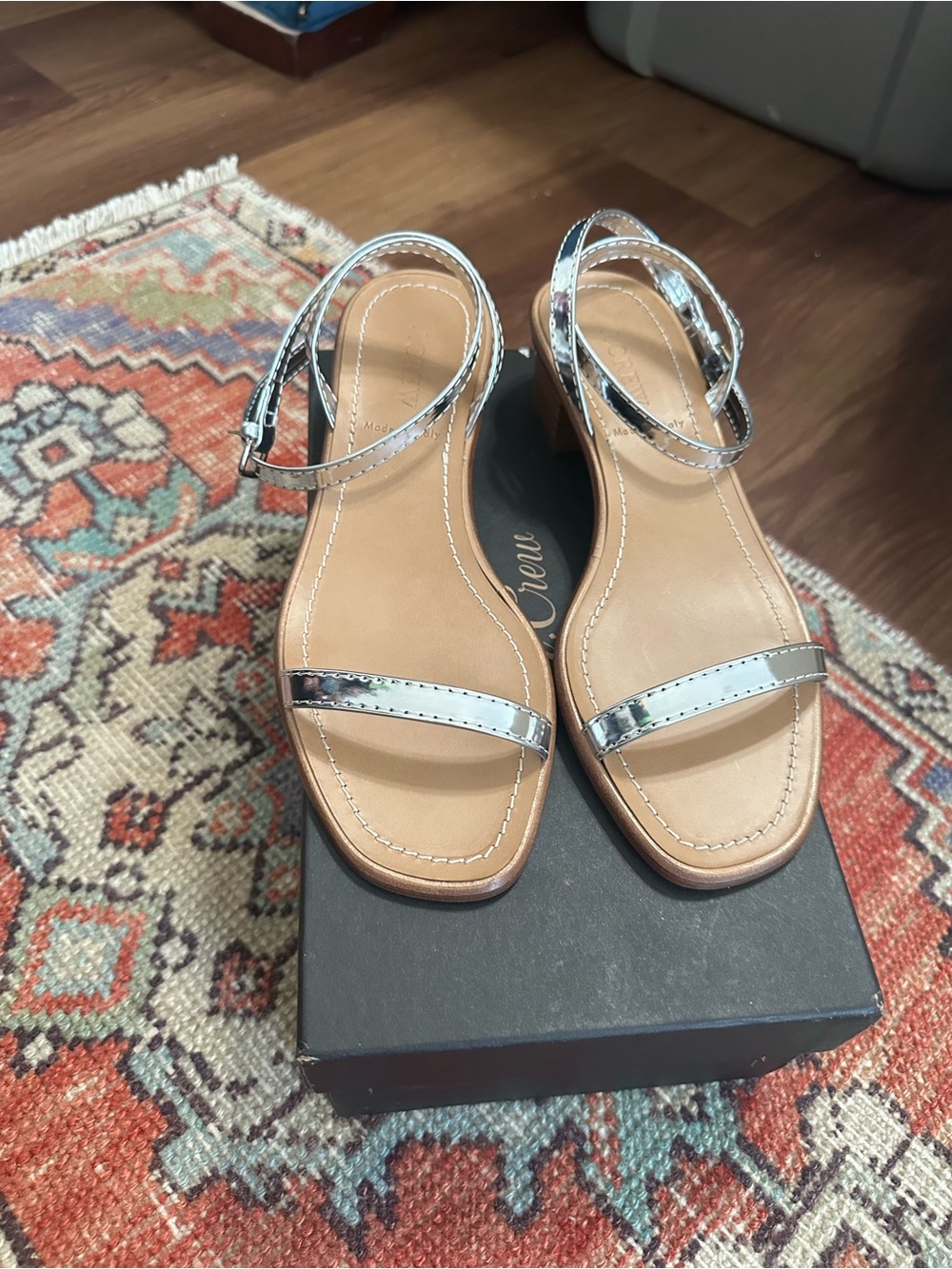 J. Crew Silver Metallic Ankle-Strap Block Heel Sandals